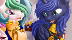 Size: 1920x1080 | Tagged: safe, artist:tsaritsaluna, princess celestia, princess luna, g4, angry, chains, clothes, flag, medal, russia, sash, sisters, talking, uniform