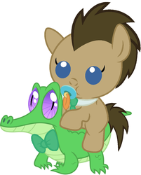 Size: 816x1017 | Tagged: safe, artist:red4567, doctor whooves, gummy, time turner, earth pony, pony, g4, baby, baby pony, cute, doctorbetes, pacifier, ponies riding gators, recolor, riding, weapons-grade cute