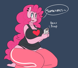 Size: 1280x1120 | Tagged: safe, artist:somescrub, pinkie pie, earth pony, anthro, plantigrade anthro, hugtastic pinkie pie, g4, big breasts, breasts, busty pinkie pie, chubby, cleavage, clothes, ear piercing, female, game boy, heart, heart eyes, open mouth, pants, piercing, simple background, solo, speech bubble, wingding eyes