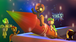 Size: 1024x576 | Tagged: safe, artist:roketempest, oc, oc only, oc:lucky seven, oc:roke tempest, oc:starshards, oc:that gray cartoon pony, oc:titania, 3d, cartoon violence, cutie mark, new years eve, rocket, roof, scared, source filmmaker, sparkles