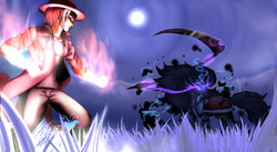 Size: 3083x1690 | Tagged: dead source, safe, artist:ryou14, king sombra, oc, oc:hyper active, human, g4, badass, clothes, dark magic, epic, fangs, fight, fire, flower, glowing eyes, grass, hat, humanized, humanized oc, magic, moon, scenery, scythe, sunglasses, super powers, trenchcoat