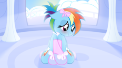 Size: 1920x1080 | Tagged: safe, artist:nightmaremoons, rainbow dash, g4, alternate hairstyle, blushing, clothes, cute, dashabetes, female, gloves, rainbow dash always dresses in style, ribbon, show accurate, socks, solo, wallpaper