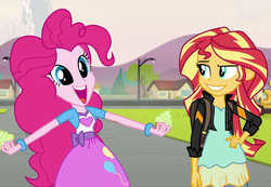 Size: 1042x720 | Tagged: safe, edit, edited screencap, screencap, pinkie pie, sunset shimmer, equestria girls, g4, my little pony equestria girls: friendship games, :d, cropped, cupcake, cute, diapinkes, faic, food, grin, smiling, sunedge shimmer, teeth
