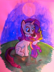 Size: 2920x3930 | Tagged: safe, artist:meowen, rarity, spike, g4, female, high res, hill, hug, male, moon, ship:sparity, shipping, straight, traditional art, watercolor painting