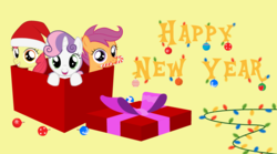 Size: 900x500 | Tagged: safe, artist:agrol, apple bloom, scootaloo, sweetie belle, g4, candy, candy cane, christmas lights, cutie mark crusaders, food, happy new year, hat, new year, present, santa hat