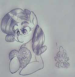 Size: 1257x1280 | Tagged: safe, artist:equestrian-strumpet, rarity, spike, g4, female, heart, male, pencil drawing, ship:sparity, shipping, straight, traditional art, valentine