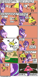 Size: 1950x3939 | Tagged: safe, artist:timsplosion, starlight glimmer, demon, pony, unicorn, g4, bad end, bill cipher, comic, crossover, female, gravity falls, male, mare, no pupils, orange background, pyramid, scroll, simple background