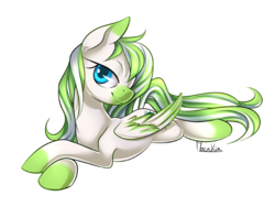 Size: 800x600 | Tagged: safe, artist:moenkin, oc, oc only, oc:mint twist, pony, bedroom eyes, female, looking at you, mare, prone, simple background, smiling, solo, transparent background