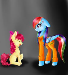 Size: 2300x2527 | Tagged: safe, artist:bambudess, apple bloom, rainbow dash, g4, blushing, chains, clothes, cross-popping veins, duo, embarrassed, high res, laughing, prison outfit, prisoner rd, smiling