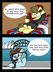 Size: 1748x2389 | Tagged: safe, artist:bobthedalek, oc, oc only, oc:kettle master, oc:tilly towell, earth pony, pony, alcohol, australia, bed, beer, british, cellphone, clothes, comic, dressing gown, fez, food, foster, hat, phone, sydney, sydney opera house, union flag, union jack