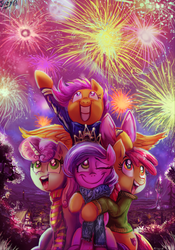 Size: 594x848 | Tagged: safe, artist:jowyb, apple bloom, diamond tiara, scootaloo, sweetie belle, earth pony, pegasus, pony, unicorn, g4, apple bloom's bow, bow, c:, clothes, cutie mark crusaders, female, filly, fireworks, foal, gritted teeth, hair bow, happy, hug, new year, one eye closed, open mouth, open smile, scarf, signature, smiling, spread wings, sweater, teeth, the cmc's cutie marks, tiaralove, wings
