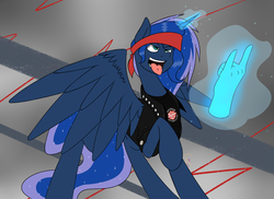 Size: 2582x1879 | Tagged: safe, artist:psicarii, princess luna, g4, bandana, clothes, devil horn (gesture), disembodied hand, female, jacket, leather jacket, magic, metal, metal as fuck, rock (music), rocker, solo, tongue out