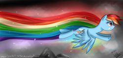 Size: 4724x2244 | Tagged: safe, artist:scarlett-letter, rainbow dash, g4, colors, female, flying, gray, mountain, rainbow colors, solo