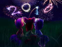 Size: 2000x1510 | Tagged: safe, artist:featheredart, apple bloom, scootaloo, sweetie belle, g4, both cutie marks, cutie mark crusaders, fireworks, happy new year, happy new year 2016, the cmc's cutie marks