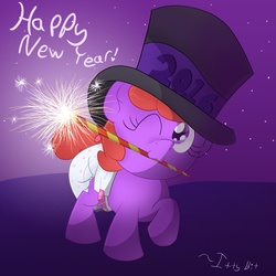 Size: 1280x1280 | Tagged: safe, artist:tapeysides, oc, oc only, oc:itty bit, 2016, :3, cute, diaper, foal, hat, mouth hold, new year, poofy diaper, raised hoof, smiling, solo, sparkler (firework), top hat, wink