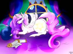 Size: 1280x946 | Tagged: safe, artist:malik, artist:malikoathkeeper, princess celestia, g4, bed, butt, female, looking at you, mare in the moon, moon, night, plot, prone, scroll, solo, window