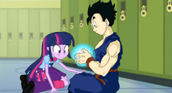 Size: 1280x694 | Tagged: safe, twilight sparkle, equestria girls, g4, crossover, crossover shipping, dragon ball, dragon ball z, energy, ki, shipping, son gohan, study, twihan