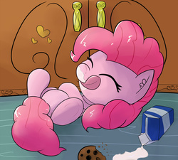 Size: 1280x1152 | Tagged: safe, artist:nintonbp, pinkie pie, earth pony, pony, g4, cookie, cute, eyes closed, female, food, heart, milk, on back, solo