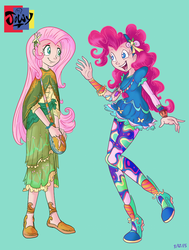 Size: 694x917 | Tagged: safe, artist:jowyb, fluttershy, pinkie pie, human, g4, clothes, dress, duo, duo female, female, hairband, humanized, leggings, long skirt, looking at each other, shoes, skirt, waving