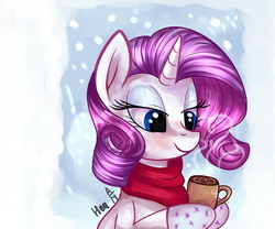 Size: 1024x853 | Tagged: safe, artist:heu-hey, rarity, g4, chocolate, clothes, female, food, hoof hold, hot chocolate, mittens, mug, scarf, snow, snowfall, solo
