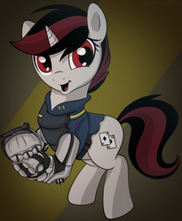 Size: 720x879 | Tagged: dead source, safe, artist:allyster-black, oc, oc only, oc:blackjack, cyborg, pony, unicorn, fallout equestria, fallout equestria: project horizons, amputee, clapping, cybernetic legs, female, hardcore gangster porn, level 1 (project horizons), meme, solo, starlight says bravo