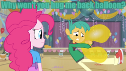 Size: 720x405 | Tagged: safe, edit, edited screencap, screencap, pinkie pie, snails, equestria girls, g4, balloon, image macro, meme, sad, that pony sure does love balloons