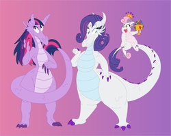 Size: 1280x1021 | Tagged: safe, artist:catstuxedo, edit, vector edit, rarity, sweetie belle, twilight sparkle, dragon, g4, colored, colored claws, dragoness, dragonified, female, gradient background, purple background, raridragon, simple background, species swap, sweetie dragon, twilidragon, vector