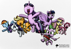 Size: 1000x685 | Tagged: safe, artist:rockingscorpion, applejack, fluttershy, pinkie pie, rainbow dash, rarity, spike, starlight glimmer, twilight sparkle, alicorn, dragon, pony, g4, the cutie re-mark, drums, drumsticks, eyes closed, female, friends are always there for you, mane seven, mane six, mare, musical instrument, open mouth, simple background, twilight sparkle (alicorn)