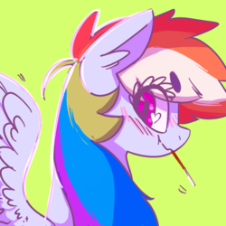 Size: 2000x2000 | Tagged: dead source, safe, artist:xieril, rainbow dash, pegasus, pony, g4, :t, beanbrows, binary brush, blushing, chewing, color porn, colored, cute, dashabetes, eating, eye clipping through hair, eyelashes, eyestrain warning, featured image, female, floppy ears, food, green background, heart eyes, high res, long mane, looking at you, looking back, mare, nom, pastel, pocky, scrunchy face, simple background, smiling, solo, spread wings, sweet dreams fuel, wingding eyes