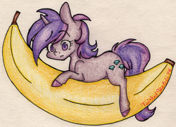 Size: 3840x2774 | Tagged: safe, artist:twisted-sketch, oc, oc only, oc:tinisparkler, pony, unicorn, banana, food, high res, micro, solo, traditional art
