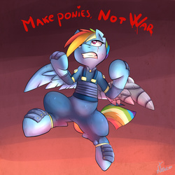 Size: 800x800 | Tagged: safe, artist:atane27, rainbow dash, g4, the cutie re-mark, alternate timeline, amputee, apocalypse dash, augmented, clothes, crystal war timeline, female, prosthetic limb, prosthetic wing, prosthetics, scar, solo, spread wings, torn ear