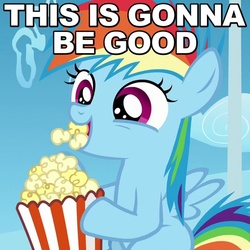 Size: 540x540 | Tagged: safe, screencap, rainbow dash, g4, the cutie re-mark, caption, dis gon b gud, eating, excited, female, filly, filly rainbow dash, food, image macro, meme, open mouth, popcorn, reaction image, solo, this is gonna be good, younger