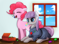 Size: 1023x772 | Tagged: safe, artist:hosikawa, maud pie, pinkie pie, earth pony, pony, g4, duo, indoors, necklace, rock candy, rock candy necklace, sisters