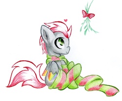 Size: 1997x1660 | Tagged: safe, artist:emberslament, oc, oc only, pegasus, pony, clothes, mistletoe, scarf, sitting, socks, solo, striped socks, traditional art