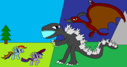 Size: 2428x1288 | Tagged: dead source, safe, artist:killerbug2357, rainbow dash, twilight sparkle, alicorn, kaiju, pony, g4, 1000 hours in ms paint, crossover, female, godzilla, godzilla (series), magic, mare, ms paint, rodan, twilight sparkle (alicorn)