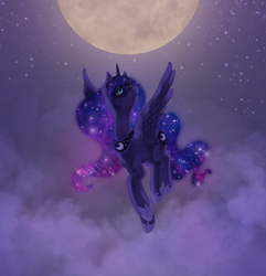 Size: 1738x1805 | Tagged: safe, artist:miss-cats, princess luna, g4, cloud, female, flying, moon, night, solo