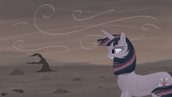 Size: 3840x2160 | Tagged: safe, artist:airbusthebest, twilight sparkle, alicorn, pony, g4, the cutie re-mark, alternate timeline, ashlands timeline, barren, crying, female, high res, implied genocide, mare, post-apocalyptic, solo, twilight sparkle (alicorn), wasteland, windswept mane