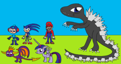 Size: 2410x1268 | Tagged: safe, artist:killerbug2357, twilight sparkle, alicorn, kaiju, pony, g4, 1000 hours in ms paint, crossover, female, godzilla, godzilla (series), male, mare, mario, mega man (series), ms paint, sonic the hedgehog, sonic the hedgehog (series), spyro the dragon, spyro the dragon (series), super mario bros., twilight sparkle (alicorn)