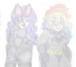 Size: 1718x1519 | Tagged: safe, artist:blackbewhite2k7, rainbow dash, rarity, human, g4, batman, catwoman, female, humanized, lesbian, muscles, ship:raridash, shipping, sketch, wip