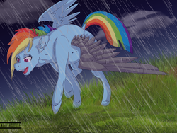 Size: 4000x3000 | Tagged: safe, artist:lesiwtroublemaker, rainbow dash, pegasus, pony, g4, the cutie re-mark, alternate timeline, apocalypse dash, crying, crystal war timeline, dock, female, field, mare, rain, solo, tail, torn ear