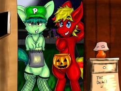 Size: 1024x768 | Tagged: safe, oc, oc only, oc:flick, oc:pouncer, oc:scoots, oc:web tracer, bipedal, cape, clothes, costume, grin, halloween, head scratch, jack-o-lantern, pumpkin bucket, smiling, stockings, trick or treat