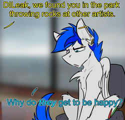Size: 1898x1823 | Tagged: safe, artist:ralek, oc, oc only, oc:turquoise, pegasus, pony, :c, bridge piercing, chest fluff, crying, ear piercing, english, gauges, jealous, office, piercing, reference, sitting, talking, teary eyes, text