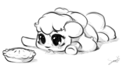 Size: 1024x567 | Tagged: safe, artist:sverre93, apple bloom, earth pony, pony, g4, adorabloom, apple pie, chibi, cute, drool, female, filly, foal, food, monochrome, pie, sketch, solo, sverre is trying to murder us