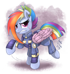 Size: 1970x2100 | Tagged: safe, artist:joakaha, rainbow dash, pony, g4, the cutie re-mark, alternate timeline, apocalypse dash, crystal war timeline, female, prosthetics, raised hoof, solo, torn ear