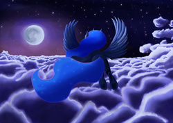 Size: 3024x2138 | Tagged: safe, artist:kickassking, princess luna, alicorn, pony, g4, cloud, female, flying, high res, moon, night, painting, solo