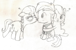 Size: 2414x1584 | Tagged: safe, artist:chronicle23, diamond tiara, silver spoon, strike, earth pony, pony, g4, colt, female, filly, foal, heart, hug, kissing, male, monochrome, pencil drawing, shipper on deck, shipping, silverstrike, straight, traditional art, trio