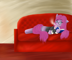Size: 1200x1000 | Tagged: safe, artist:hewhoerasesmost, pinkie pie, g4, book, cigarette, clothes, couch, female, glasses, looking at you, lying, pinkamena diane pie, smoking, solo
