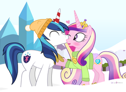 Size: 1000x735 | Tagged: safe, artist:dm29, princess cadance, shining armor, alicorn, pony, unicorn, g4, advent calendar, blushing, clothes, cute, cutedance, female, hat, heart, holiday horse days, julian yeo is trying to murder us, kissing, male, shining adorable, ship:shiningcadance, shipping, snow, straight, sweater, wintertime