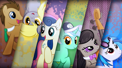 Size: 1920x1080 | Tagged: safe, artist:godoffury, artist:jennieoo, artist:kooner-cz, artist:thebosscamacho, artist:theevilflashanimator, artist:thegraid, artist:tsabak, bon bon, derpy hooves, dj pon-3, doctor whooves, lyra heartstrings, octavia melody, sweetie drops, time turner, vinyl scratch, earth pony, pegasus, pony, unicorn, alternate hairstyle, background six, baseball cap, bowtie, cello, cutie mark, female, hat, hooves, horn, looking up, male, mare, musical instrument, open mouth, ponytail, raised hoof, show accurate, smiling, stallion, sunglasses, trotting, upside down, vector, wallpaper, wings
