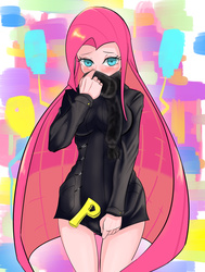 Size: 1199x1590 | Tagged: safe, artist:汚自慰, pinkie pie, human, g4, bottomless, breasts, clothes, cute, cuteamena, diapinkes, female, humanized, long hair, pinkamena diane pie, scarf, solo, sweater